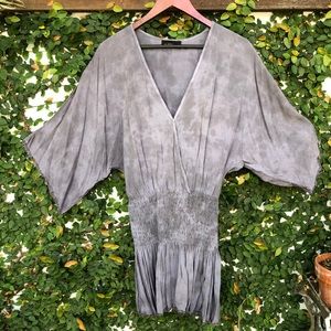 Grey Tie Dye Flowy Sleeve Mini Dress